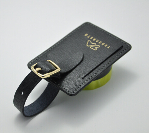 Black genuine leather luggage tag