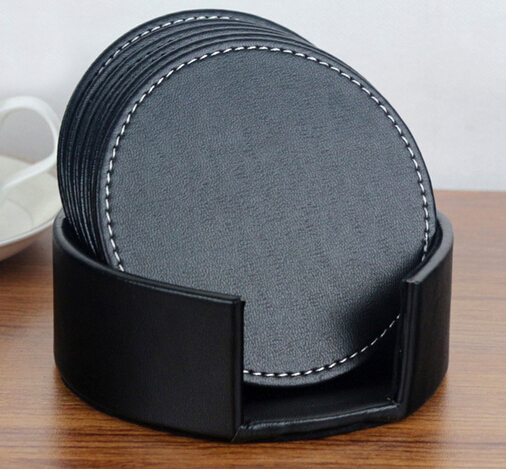 High quality emboss logo pu material round shape cup coaster set