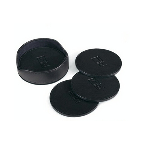 High quality customized emboss logo cow leather cup drink coaster set with holder