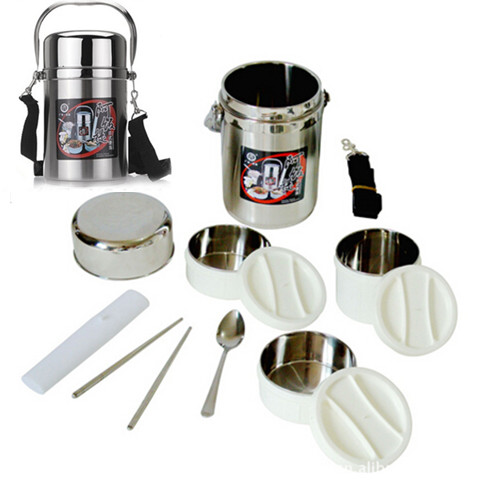 Stainless steel thermo lunch box or food container with rope and spoon and plastic storage food box