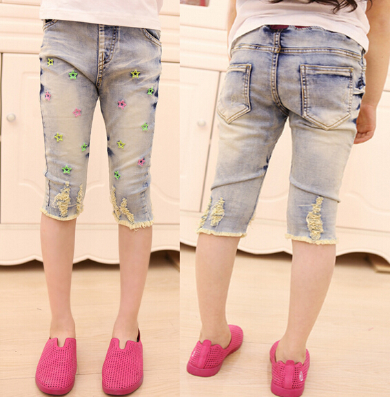 Children girl washed denim pants, girl five pants, girl denim trousers
