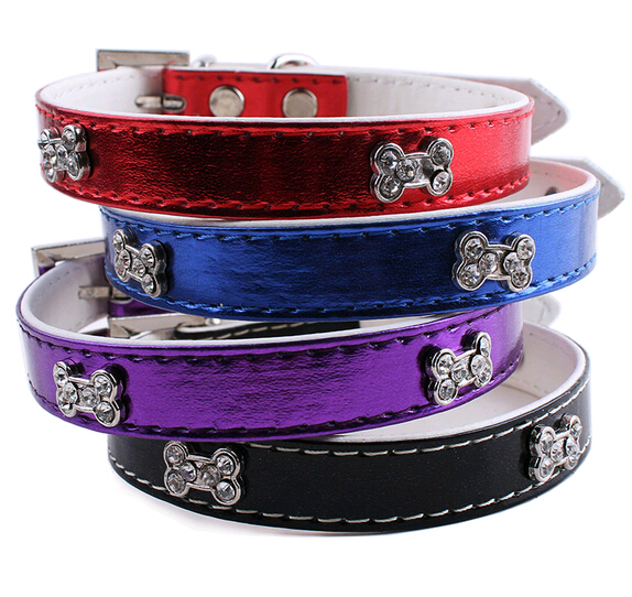 Fashional pu pet collar with diamante bone, pu dog collar