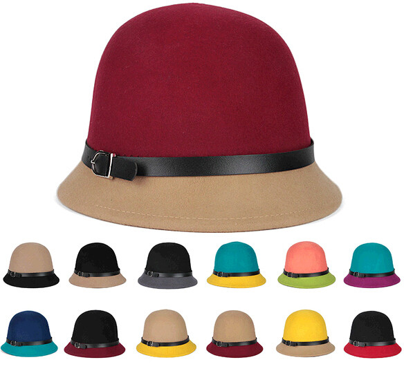 Hot sale Women's With side leather strap Wool Felt Fedora Hat bowler hat and Cap