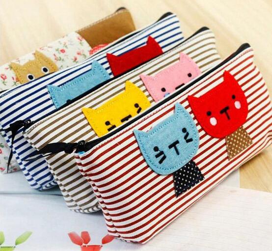 Wholesale cartoon style cat style canvas pencil bag