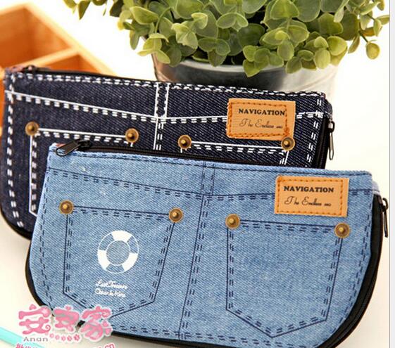 Wholesale promotional jeans style pencil bag, denim pencil bag