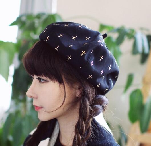 Wholesale fashonal octagon shape cross printing girl beret