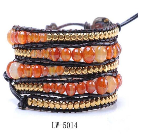 Wholesale orange color carnelian 5 wrap leather bracelet