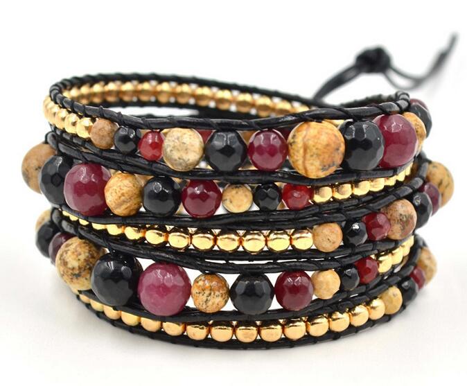 Wholesale nature brown color carnelian 5 wrap leather bracelet