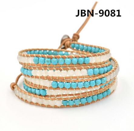 Wholesale green turquoise and white crystal 5 wrap leather bracelet