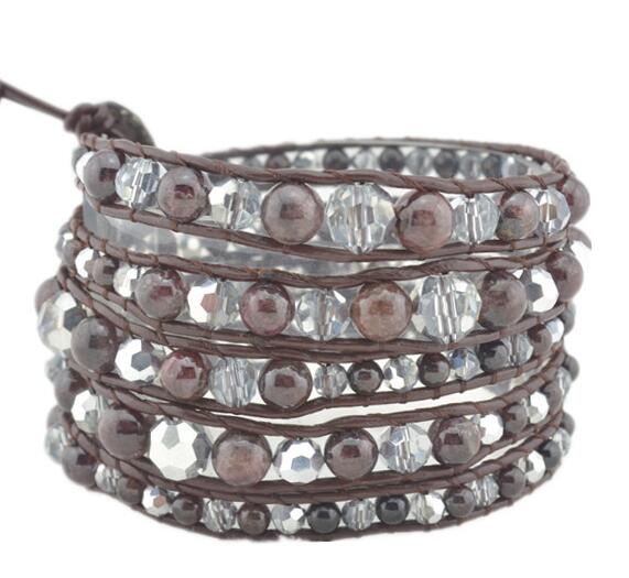 Wholesale white color crystal and brown color 5 wrap leather bracelet