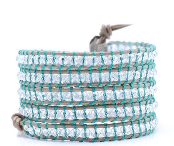 Wholesale crsytal 5 wrap leather bracelet on grey leather