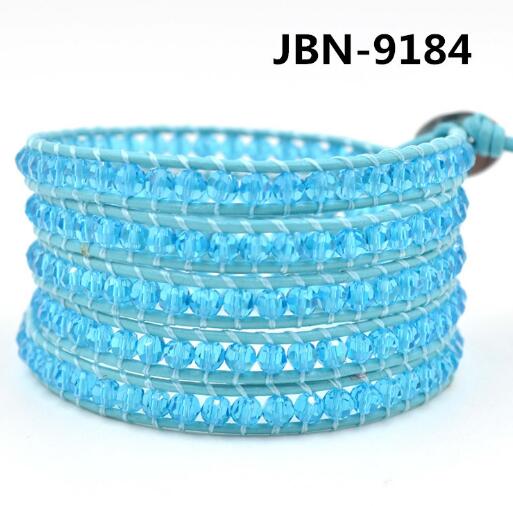 Wholesale blue color crystal 5 wrap leather bracelet