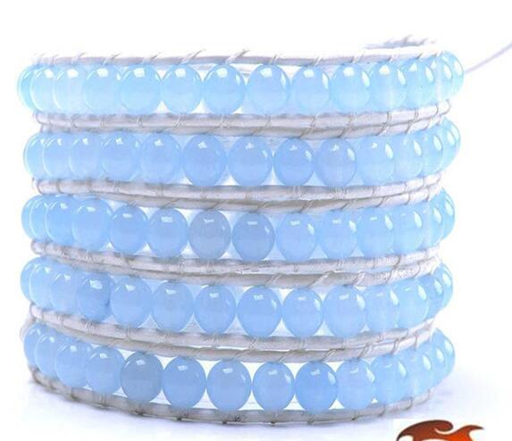 Wholesale blue color carnelian 5 wrap leather bracelet