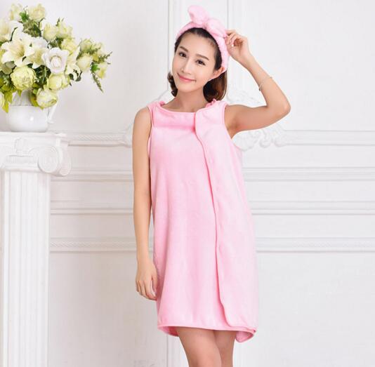 Pink color coral fleece woman bathrobe skirt for home or sleeping