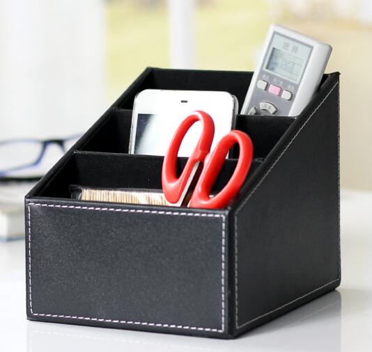Promotional 3 level pu leather tv controller organizer for desktop in hotel or home