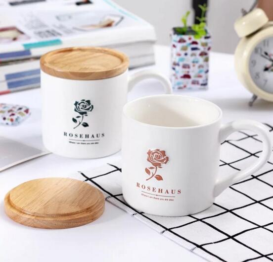 Promotional custom logo white color ceramic mug with wood lid