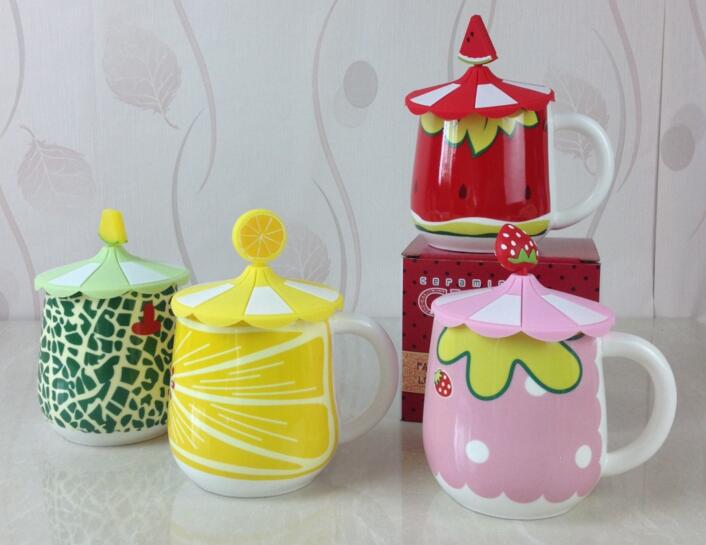 Funny style strawberry and lemon shape ceramic mug with spoon