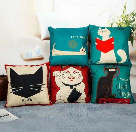 Custom animal cat shape square shpae flax cushion pillow cover