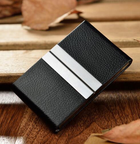 Good quality customize logo black color pu metal name card holder
