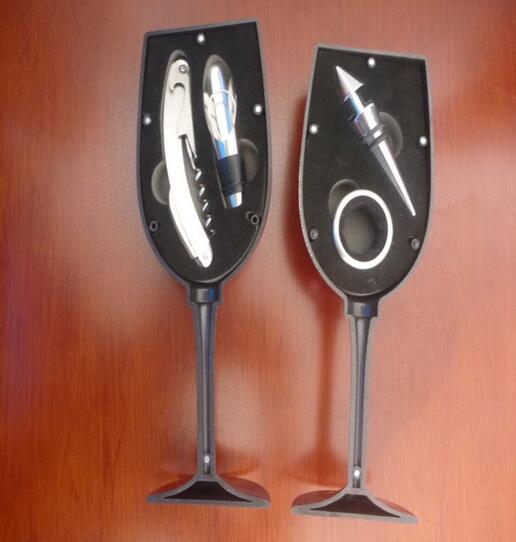 Promotional black color bottle shape wine box 4pcs sets