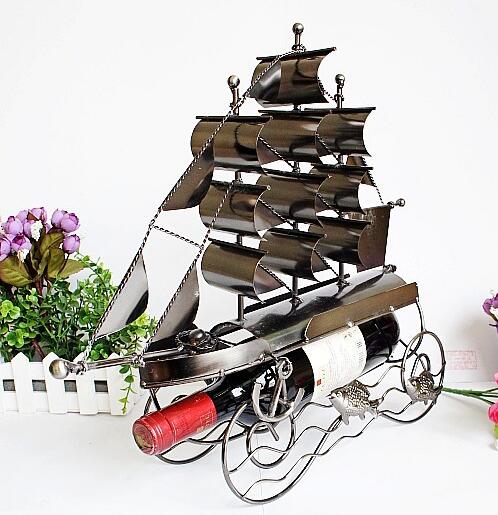 Promotional sailboat shape tin wire art wine rack holder, wine bottle holder