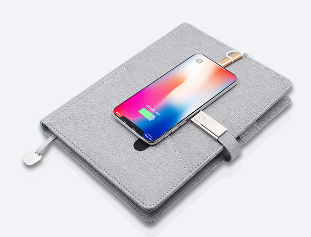 With usb flash driver and power bank function pu notebook with pocket