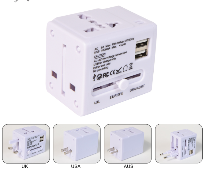 All in one universal travel international adaptor with 2 usb charging ports