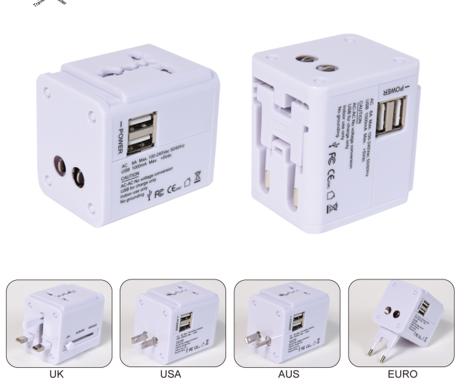 Customize logo universasl travel adaptor with 2 usb port with AU US UK EU Plug