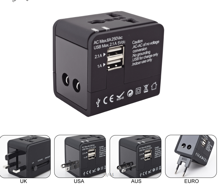 Cutomize logo with 2 usb port travel adaptor