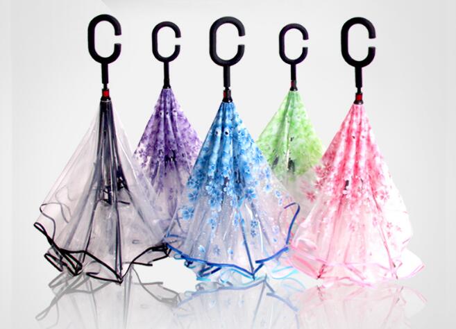 OEM design windproof double layers C shape handle reverse inverted transparent umbrella