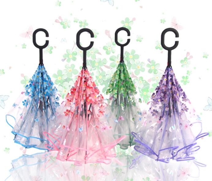Cherry design windproof  C shape handle reverse inverted transparent umbrella